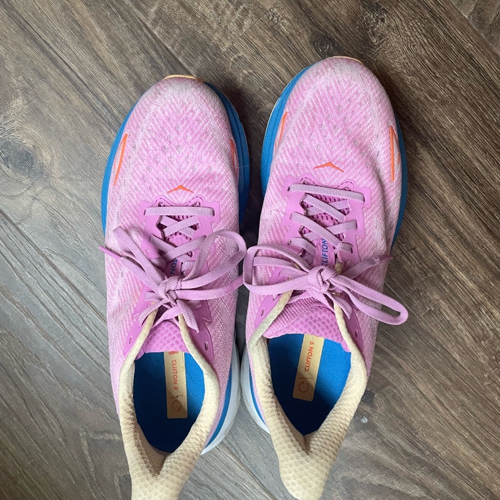 Hoka Clifton 9 Pink and Blue Athletic Shoes with Cushioned Sole
